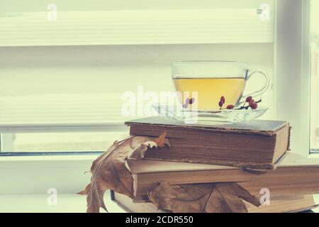 Tazza di tè, libri antichi, foglie d'autunno e bacche Foto Stock