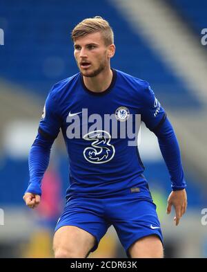 Il Timo Werner di Chelsea durante la pre-stagione amichevole all'AMEX Stadium di Brighton dove fino a 2500 tifosi sono stati autorizzati a guardare la partita dopo che il governo ha annunciato un'ulteriore serie di eventi sportivi che saranno utilizzati per pilotare il ritorno sicuro degli spettatori. Foto Stock