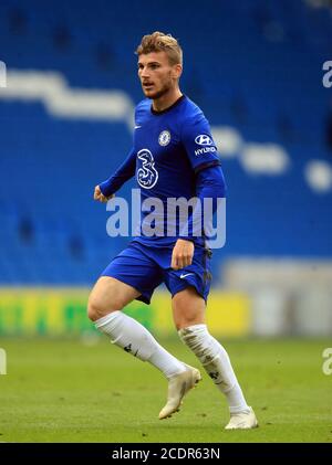 Il Timo Werner di Chelsea durante la pre-stagione amichevole all'AMEX Stadium di Brighton dove fino a 2500 tifosi sono stati autorizzati a guardare la partita dopo che il governo ha annunciato un'ulteriore serie di eventi sportivi che saranno utilizzati per pilotare il ritorno sicuro degli spettatori. Foto Stock