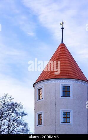 Torre d'angolo di un palazzo, Schloss Freudenstein, Freiberg, Sassonia, Germania. Foto Stock