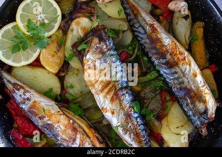 Delizioso piatto di pesce di sgombro arrosto al forno Foto Stock