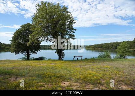 Il lago Shell e la diga del lago Shell sono punti di riferimento iconici e offrono nautica da diporto, pesca e vedute di un vecchio ponte di cemento Foto Stock