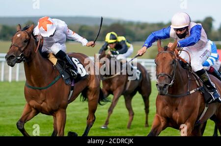 Tyler Saunders a bordo del Blue Bower (a destra) sulla loro strada per vincere il Ladbrokes che sostiene 'Bambini con cancro UK' Fillies' handicap all'Ippodromo di Goodwood. Foto Stock