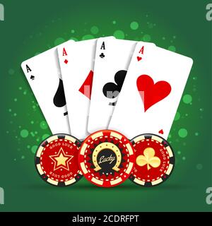 Carta da poker e chip. Spades cuori diamanti club assi e patatine fortunate. Illustrazione vettoriale. Illustrazione Vettoriale