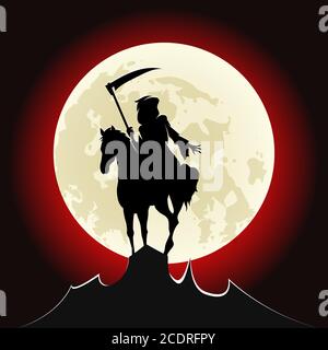 Silhouette di grim Reaper cavalcare un cavallo sulla cima di montagna contro la luna sanguinosa. Illustrazione vettoriale. Illustrazione Vettoriale