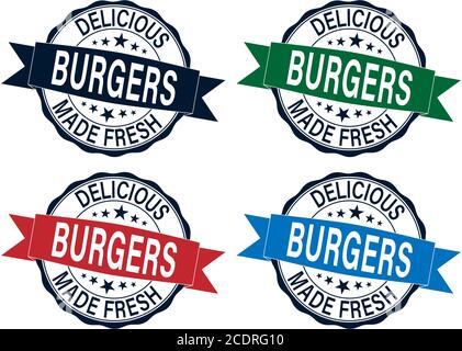deliziosi hamburger di gomma francobollo su sfondo bianco, illustrazione vettoriale Illustrazione Vettoriale