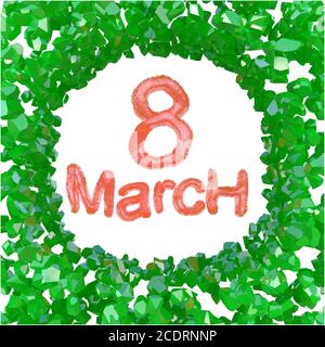 8 marzo simbolo rosso che vola nello spazio e rotondo per cornice fatto di gemme verdi. Può essere utilizzato come un saluto decorativo grugnoso o pos Foto Stock