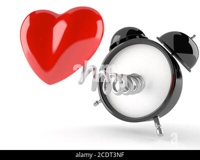 Sveglia con cuore isolato su sfondo bianco Foto Stock