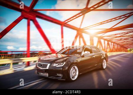 Moderna berlina nera metallizzata sulla strada del ponte. Desing generico, senza brandless. Foto Stock