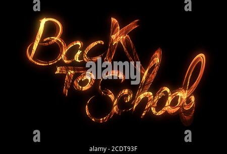 Si torna a scuola parole scritte fatte da fiamme o fuoco isolati su sfondo nero Foto Stock