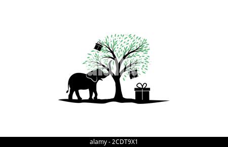 elefante con disegno di logo di albero e scatola Illustrazione Vettoriale