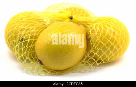 Limoni in rete su sfondo bianco Foto Stock
