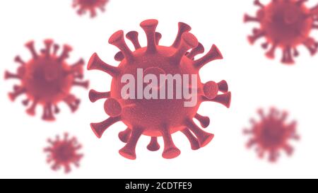 Cellule del virus COVID-19 al microscopio. Coronavirus Covid-19 epidemia di influenza isolato su sfondo bianco.Pandemic salute medica 3D rendere Foto Stock