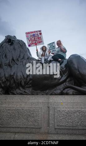 Trafagar Square, Londra, 29 agosto 2020. Le persone protestano contro le regole di blocco che agaista il governo, le porte dei conti e i vaccini. David Icke Foto Stock