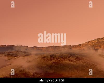 3D rendering Marte paesaggio con un terreno roccioso rosso coperto di nebbia, per fantascienza o sfondi di esplorazione spaziale. Foto Stock