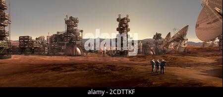 Illustrazione in 3D di astronauti su un terreno roccioso rosso che guarda ad un industriale, modulare, architettura e antenne di comunicazione, per fantascienza o Foto Stock