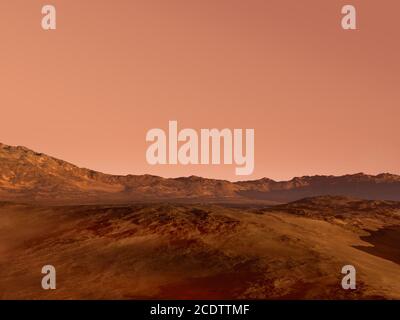 Rendering 3D del paesaggio Marte con un terreno roccioso rosso, per fantascienza o sfondi di esplorazione spaziale. Foto Stock