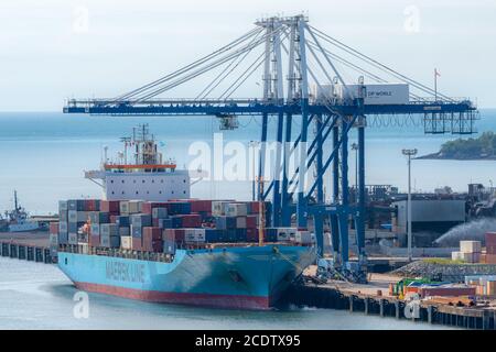 Saint John, NB, Canada - 15 agosto 2020: Due gru di grandi dimensioni scaricano i container da una nave da carico. La nave è ormeggiata in alta marea nel porto. Foto Stock