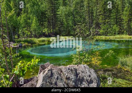 Lago blu meraviglioso geyser nelle montagne di Altai, Russia Foto Stock