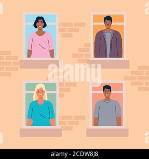 diversità donne e uomini cartoni animati a windows vettore design Illustrazione Vettoriale