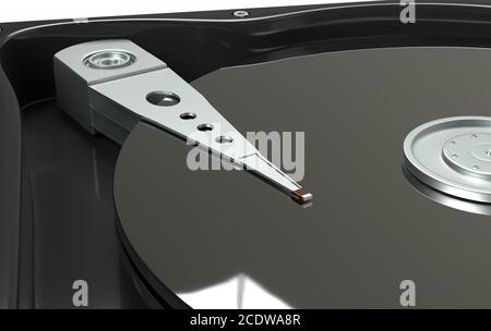 Primo piano all'interno di un'unità disco rigido HDD, superficie magnetica e meccanismo di lettura dei dati illustrazione 3d Foto Stock