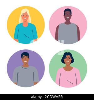 diversità donne e uomini cartoni animati in circoli vettoriali design Illustrazione Vettoriale
