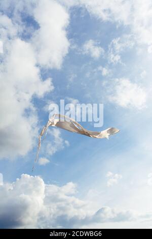 White kite battenti contro il cielo blu pieno di nuvole. L'immagine verticale Foto Stock