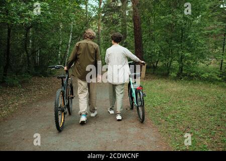 Vista posteriore della giovane coppia in casualwear che parla con ciascuno altro nella foresta Foto Stock