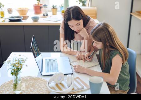 Giovane bruna femmina in casualwear che punta alle note di lei figlia adolescente Foto Stock