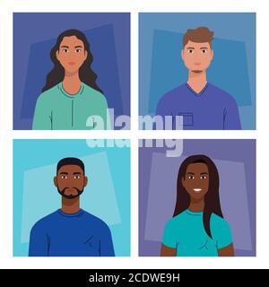 diversità donne e uomini cartoni animati in cornici disegno vettoriale Illustrazione Vettoriale
