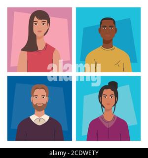 diversità donne e uomini cartoni animati in cornici disegno vettoriale Illustrazione Vettoriale