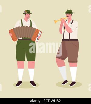 cartoni animati oktoberfest men con fisarmonica tradizionale in tessuto e vettore tromba design Illustrazione Vettoriale