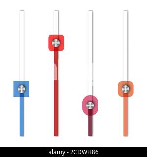 Set di cursori verticali con bottone in acciaio, isolati su sfondo bianco. Elementi di progettazione dell'interfaccia Web, illustrazione vettoriale. Illustrazione Vettoriale