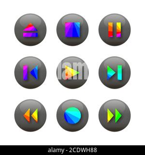 Set di nove pulsanti di controllo rotondi del lettore, icone multimediali con ombra. Isolato su sfondo bianco, illustrazione vettoriale. Illustrazione Vettoriale