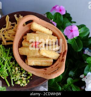 Tofu fritto a fette con spezie come zenzero, pepe, coriandolo per un semplice cibo vegano fatto in casa Foto Stock