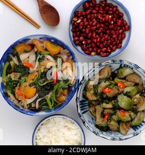 Pasto giornaliero vegano a pranzo, arachidi fritte con salsa, melanzane verdi fritte, ciotola di riso, zuppa di verdure, semplice cibo vegetariano vietnamita Foto Stock