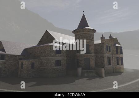 vecchia villa del castello in montagna illustrazione 3d Foto Stock