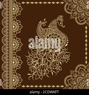 Stilizzato con motivo decorativo tatuaggio henné per decorare copertine libro, taccuino, cofanetto, cartolina e piegatrice. Mandala, fiore, pavone e bordo i Illustrazione Vettoriale