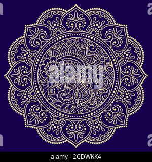 Colore motivo circolare in forma di mandala con fiore per decorazione o stampa. Ornamento decorativo in stile etnico orientale. Design in oro su sfondo blu Illustrazione Vettoriale