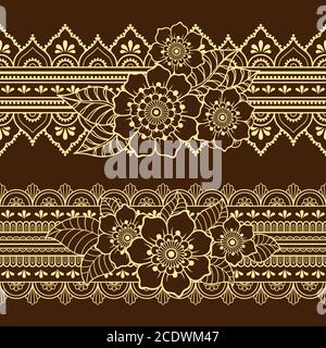 Set di bordi senza giunture con fiore Mehndi per disegno e tatuaggio hennese. Decorazione in stile etnico orientale, indiano. Doodle ornamento. Contorno Illustrazione Vettoriale
