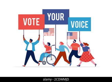 Gruppo di persone, camminando con bandiere alle elezioni. Folla di donne e uomini in una dimostrazione. Concetto di campagna elettorale, vettore di tema di voto Illustrazione Vettoriale