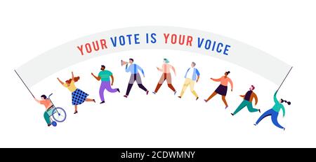 Gruppo di persone, camminando con bandiere alle elezioni. Folla di donne e uomini in una dimostrazione. Concetto di campagna elettorale, vettore di tema di voto Illustrazione Vettoriale