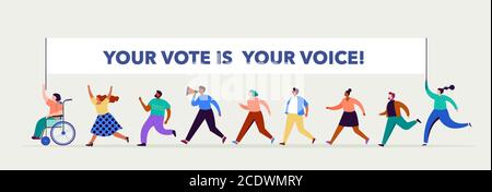 Gruppo di persone, camminando con bandiere alle elezioni. Folla di donne e uomini in una dimostrazione. Concetto di campagna elettorale, vettore di tema di voto Illustrazione Vettoriale
