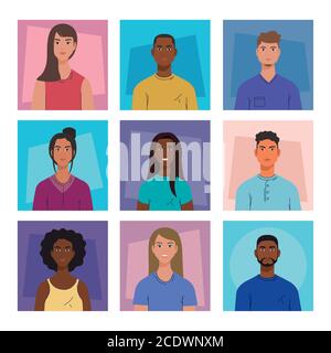 diversità donne e uomini cartoni animati in cornici disegno vettoriale Illustrazione Vettoriale