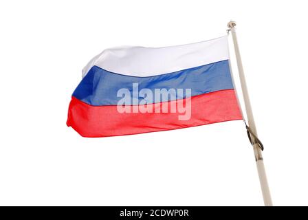 Vista ravvicinata di una bandiera assaltata della federazione Riussiana isolata su sfondo bianco. Foto Stock