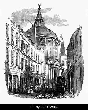 Una vecchia incisione di Warwick Lane, City of London, England, UK c. 1840. L'edificio a cupola è il Teatro Cutleriano, un teatro di anatomia che faceva parte del Royal College of Physicians. Fu progettato da Robert Hooke e fu demolito nel 1866. Nel 1666 la casa del Collegio dei Medici nella città di Londra fu completamente distrutta dal Grande incendio. I medici si trasferirono quindi in una casa spettacolare e opulentemente ridisegnata nel 1678 a Warwick Lane. Era uno dei tre siti della città di Londra vicino alla cattedrale di St Paul. Foto Stock