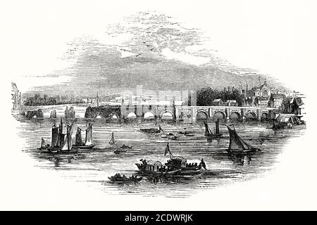 Una vecchia incisione del Tamigi che mostra la costruzione del Westminster Bridge, Londra, Inghilterra, Regno Unito negli anni 1740. Per oltre 600 anni (almeno 1129–1729), il ponte Tamigi più vicino al London Bridge si trovava a Kingston. Un ponte a Westminster fu proposto nel 1664. Fu infine costruita tra il 1739 e il 1750, sotto la supervisione dell'ingegnere svizzero Charles Labelye. Il ponte è stato inaugurato il 18 novembre 1750. Westminster Bridge ha aiutato il West End in espansione verso il Sud di Londra in via di sviluppo. Questo ponte è stato sostituito da quello attuale nel 1862.