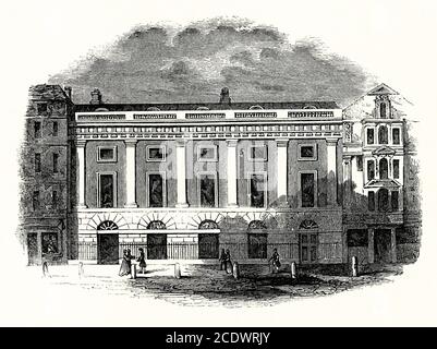 Una vecchia incisione di East India House, Leadenhall Street, City of London, England, UK c.. 1725. East India House è stata la sede di Londra della East India Company, che ha governato gran parte dell'India fino a quando il governo britannico non ha preso il controllo dei beni della Società nel 1858. La prima East India House sul sito era un palazzo elisabettiano che la Società occupò per la prima volta nel 1648. Questo fu completamente ricostruito agli inizi del 1700 (come mostrato qui). E' stato rimodellato ed esteso nel corso di quel secolo. Fu demolito nel 1861. L'edificio Lloyd's, sede centrale per i Lloyd's di Londra, è stato costruito sul sito. Foto Stock