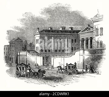 Una vecchia incisione di Admiralty House, Whitehall, Londra, Inghilterra, Regno Unito c. 1800. È stato progettato da Samuel Pepys Cockerell ed è stato aperto nel 1788. Costruito su richiesta dell'Ammiraglio della flotta Visconte Howe, primo Signore dell'Ammiragliato, fu la residenza ufficiale del primo Signore fino al 1964. E' stata anche la sede di diversi primi ministri britannici quando nel 10 Downing Street fu rinnovato. Ora è usato per funzioni e come appartamenti governativi. Foto Stock