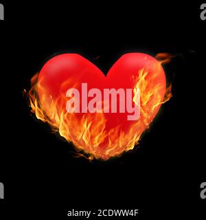 Cuore bruciante - illustrazione su sfondo nero con lingue di fiamma Foto Stock